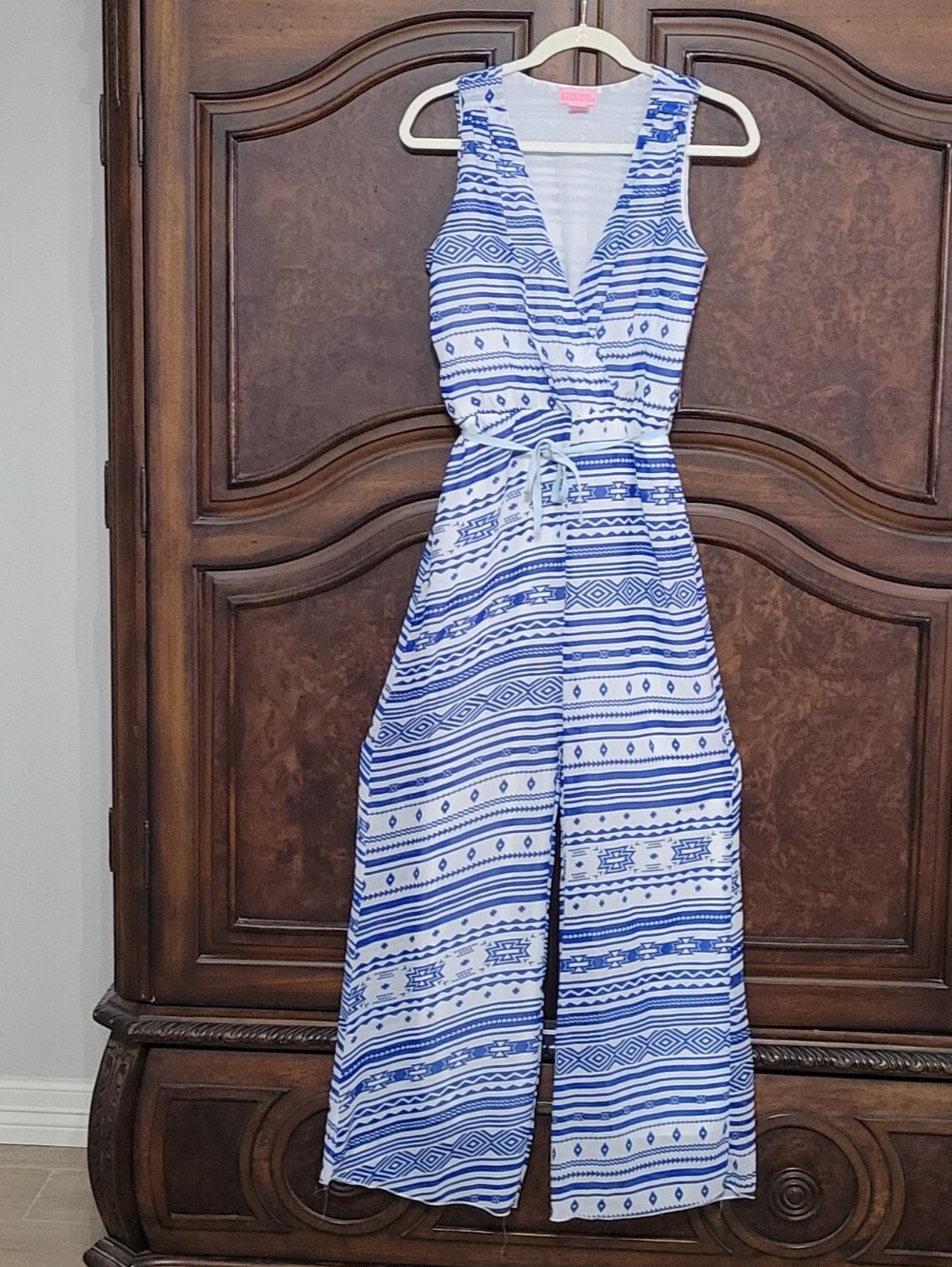 She's Cool Blue and White Sleeveless V-Neck Maxi Jumpsuit with Tie Waist
